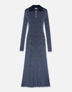 Lafayette 148 New York Gingham Responsible Matte Crepe Collared Half-Zip Dress Midnight Blue Multi