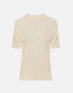 Clearance Lafayette 148 New York Gingham Responsible Matte Crepe Short Sleeve Sweater Pampas Plume Multi