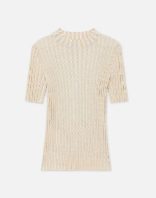 Clearance Lafayette 148 New York Gingham Responsible Matte Crepe Short Sleeve Sweater Pampas Plume Multi