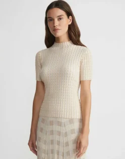 Clearance Lafayette 148 New York Gingham Responsible Matte Crepe Short Sleeve Sweater Pampas Plume Multi