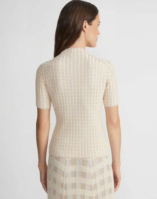 Clearance Lafayette 148 New York Gingham Responsible Matte Crepe Short Sleeve Sweater Pampas Plume Multi
