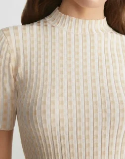Clearance Lafayette 148 New York Gingham Responsible Matte Crepe Short Sleeve Sweater Pampas Plume Multi