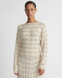 Outlet Lafayette 148 New York Gingham Responsible Matte Crepe Blouson Sweater Dune Multi