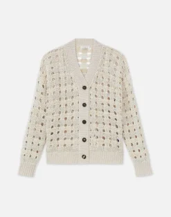 Best Lafayette 148 New York Gingham Sustainable Linen-Silk Chainette Open Stitch Cardigan Smoked Taupe Multi