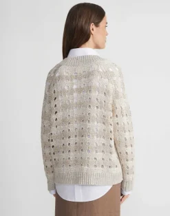 Best Lafayette 148 New York Gingham Sustainable Linen-Silk Chainette Open Stitch Cardigan Smoked Taupe Multi