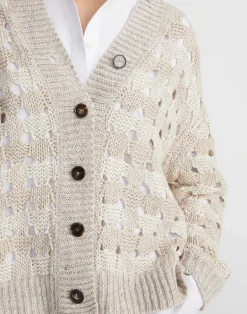 Best Lafayette 148 New York Gingham Sustainable Linen-Silk Chainette Open Stitch Cardigan Smoked Taupe Multi