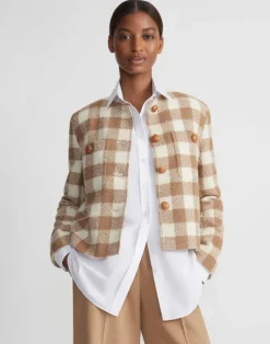 Hot Lafayette 148 New York Gingham Wool Collarless Buttoned Jacket Camel Multi