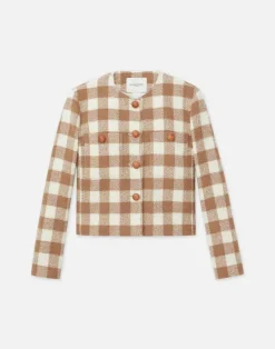 Hot Lafayette 148 New York Gingham Wool Collarless Buttoned Jacket Camel Multi