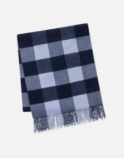 Sale Lafayette 148 New York Gingham Wool-Cashmere Double Face Reversible Pocket Shawl Midnight Blue Multi