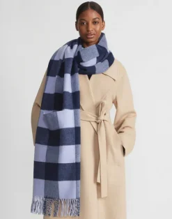 Sale Lafayette 148 New York Gingham Wool-Cashmere Double Face Reversible Pocket Shawl Midnight Blue Multi