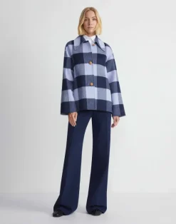 Sale Lafayette 148 New York Gingham Wool-Cashmere Double Face Oversized Swing Coat Midnight Blue Multi