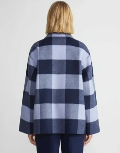 Sale Lafayette 148 New York Gingham Wool-Cashmere Double Face Oversized Swing Coat Midnight Blue Multi
