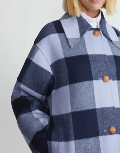 Sale Lafayette 148 New York Gingham Wool-Cashmere Double Face Oversized Swing Coat Midnight Blue Multi