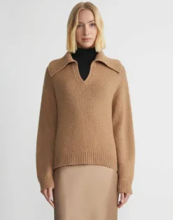 Clearance Lafayette 148 New York Hair Chainette Collared Sweater Camel