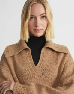 Clearance Lafayette 148 New York Hair Chainette Collared Sweater Camel