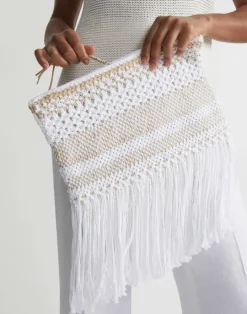 Sale Lafayette 148 New York Hand Macram Organic Cotton Fringed Clutch White Multi