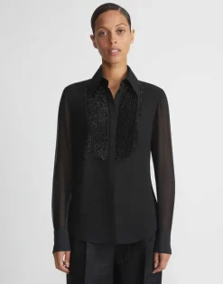 Sale Lafayette 148 New York Hand-Beaded Silk Georgette Pintuck Blouse Black