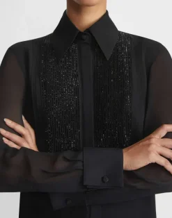 Sale Lafayette 148 New York Hand-Beaded Silk Georgette Pintuck Blouse Black