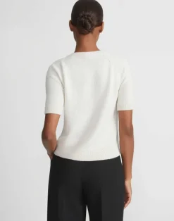 Outlet Lafayette 148 New York Hand-Embellished Cashmere Lace Stitch Short Sleeve Sweater Cloud