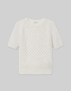 Outlet Lafayette 148 New York Hand-Embellished Cashmere Lace Stitch Short Sleeve Sweater Cloud