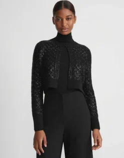 Discount Lafayette 148 New York Hand-Embellished Cashmere Lace Stitch Cropped Cardigan Black