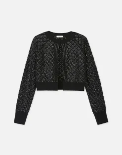 Discount Lafayette 148 New York Hand-Embellished Cashmere Lace Stitch Cropped Cardigan Black