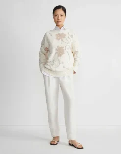 New Lafayette 148 New York Hand-Embroidered Flora Bloom Cotton-Wool Chainette Sweater Creme Multi