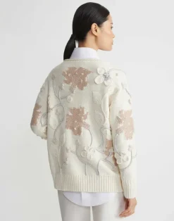 New Lafayette 148 New York Hand-Embroidered Flora Bloom Cotton-Wool Chainette Sweater Creme Multi