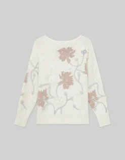 New Lafayette 148 New York Hand-Embroidered Flora Bloom Cotton-Wool Chainette Sweater Creme Multi
