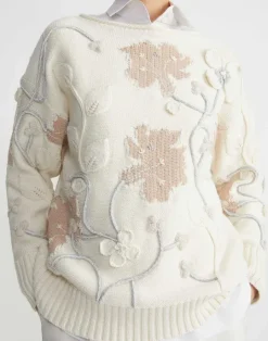 New Lafayette 148 New York Hand-Embroidered Flora Bloom Cotton-Wool Chainette Sweater Creme Multi