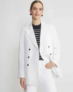 Lafayette 148 New York L148 Denim Double Breasted Blazer Washed Plaster