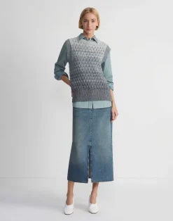 Hot Lafayette 148 New York L148 Denim Slit Front Midi Skirt Sunfaded