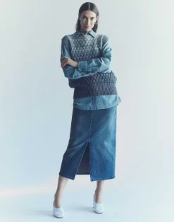 Hot Lafayette 148 New York L148 Denim Slit Front Midi Skirt Sunfaded