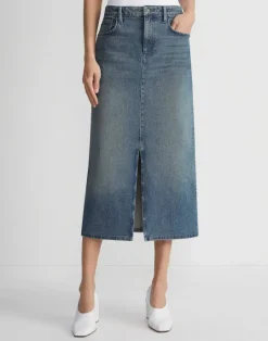 Hot Lafayette 148 New York L148 Denim Slit Front Midi Skirt Sunfaded
