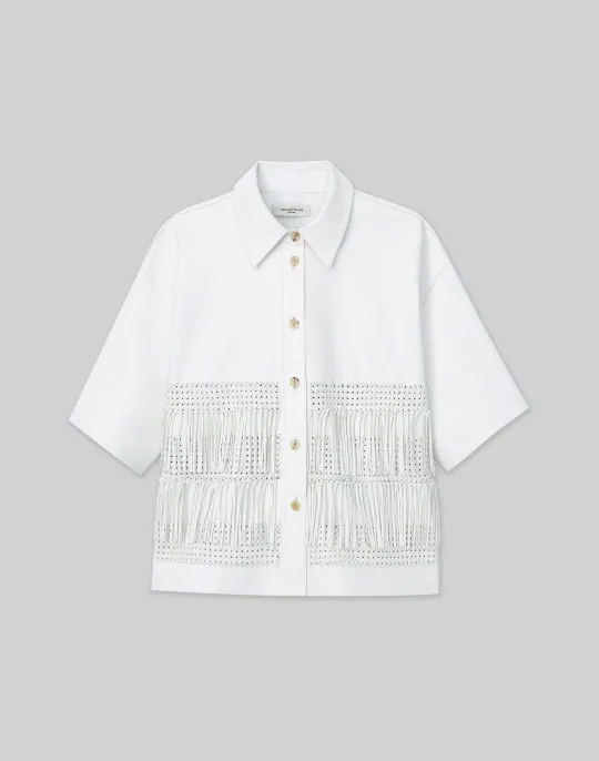 Discount Lafayette 148 New York Lambskin Leather Hand Basketweave Fringed Shirt Jacket White