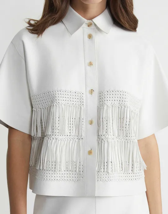 Discount Lafayette 148 New York Lambskin Leather Hand Basketweave Fringed Shirt Jacket White