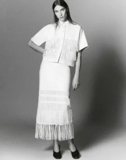 Discount Lafayette 148 New York Lambskin Leather Hand Basketweave Fringed Shirt Jacket White