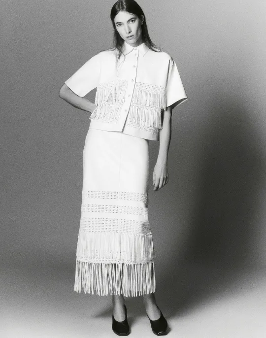 Discount Lafayette 148 New York Lambskin Leather Hand Basketweave Fringed Shirt Jacket White