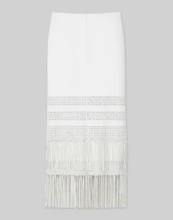 New Lafayette 148 New York Lambskin Leather Hand Basketweave Fringed Skirt White