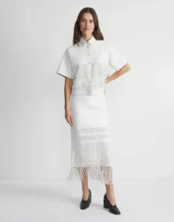 New Lafayette 148 New York Lambskin Leather Hand Basketweave Fringed Skirt White