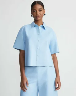 New Lafayette 148 New York Lambskin Leather Short Sleeve Shirt Ice Water