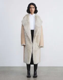 Clearance Lafayette 148 New York Long Hair Shearling Reversible Oversized Coat Dune