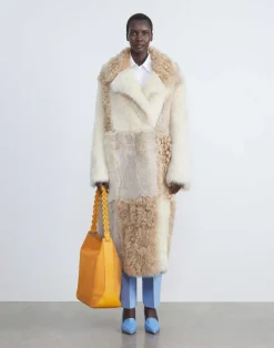 Lafayette 148 New York Long Hair Shearling Reversible Double-Breasted Overcoat Rye