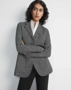 Outlet Lafayette 148 New York Marled Linen Basketweave Three Pocket Blazer Black Multi