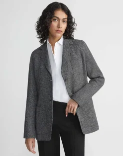 Outlet Lafayette 148 New York Marled Linen Basketweave Three Pocket Blazer Black Multi