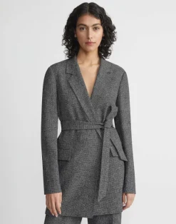 Lafayette 148 New York Marled Linen Basketweave Belted Blazer Black Multi