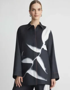 Clearance Lafayette 148 New York Martha Madigan X L148 Print Silk Twill Oversized Blouse Black Multi