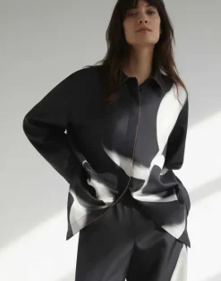 Clearance Lafayette 148 New York Martha Madigan X L148 Print Silk Twill Oversized Blouse Black Multi