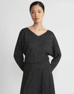 Clearance Lafayette 148 New York Merino Wool-Sequin Silk Blouson Sweater Pampas Plume Metallic