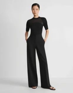 New Lafayette 148 New York Merino-Silk Ribbed Sheer Yoke Sweater Black